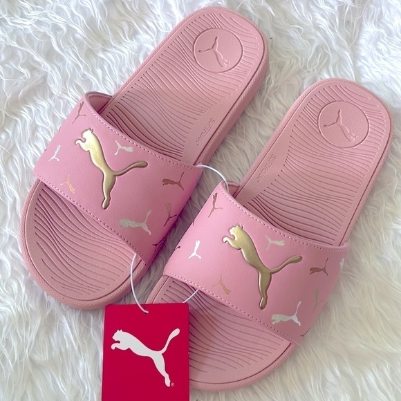 Brand New Puma Cool Cat 2.0 Toss Pink Large Strap Slides Sandals Metallic Logo - Picture 1 of 12